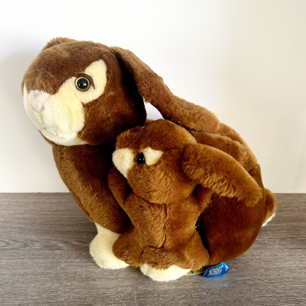 Vintage Globo Pelucky Sitting Bunny Rabbit and Baby Plush Set Designed in Italy